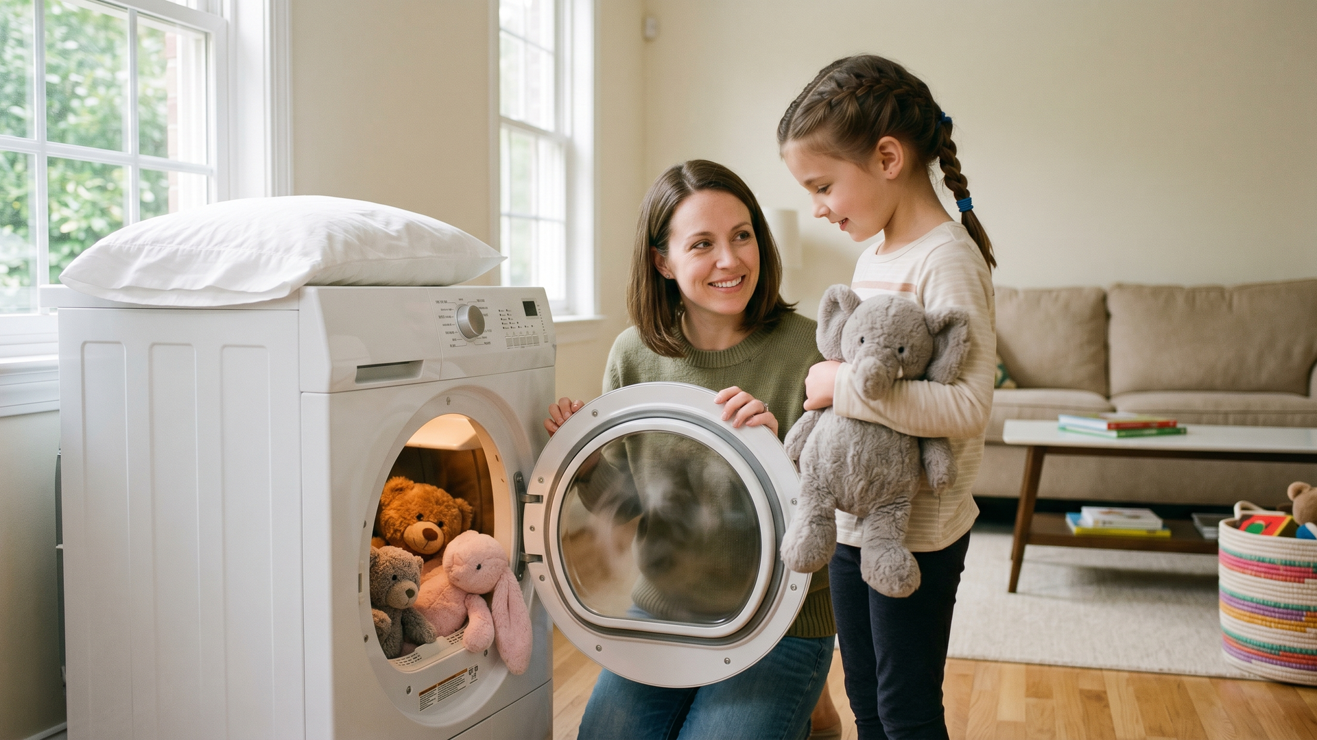 Mother loading her child's stuffed animals into the dryer on high heat after a lice case