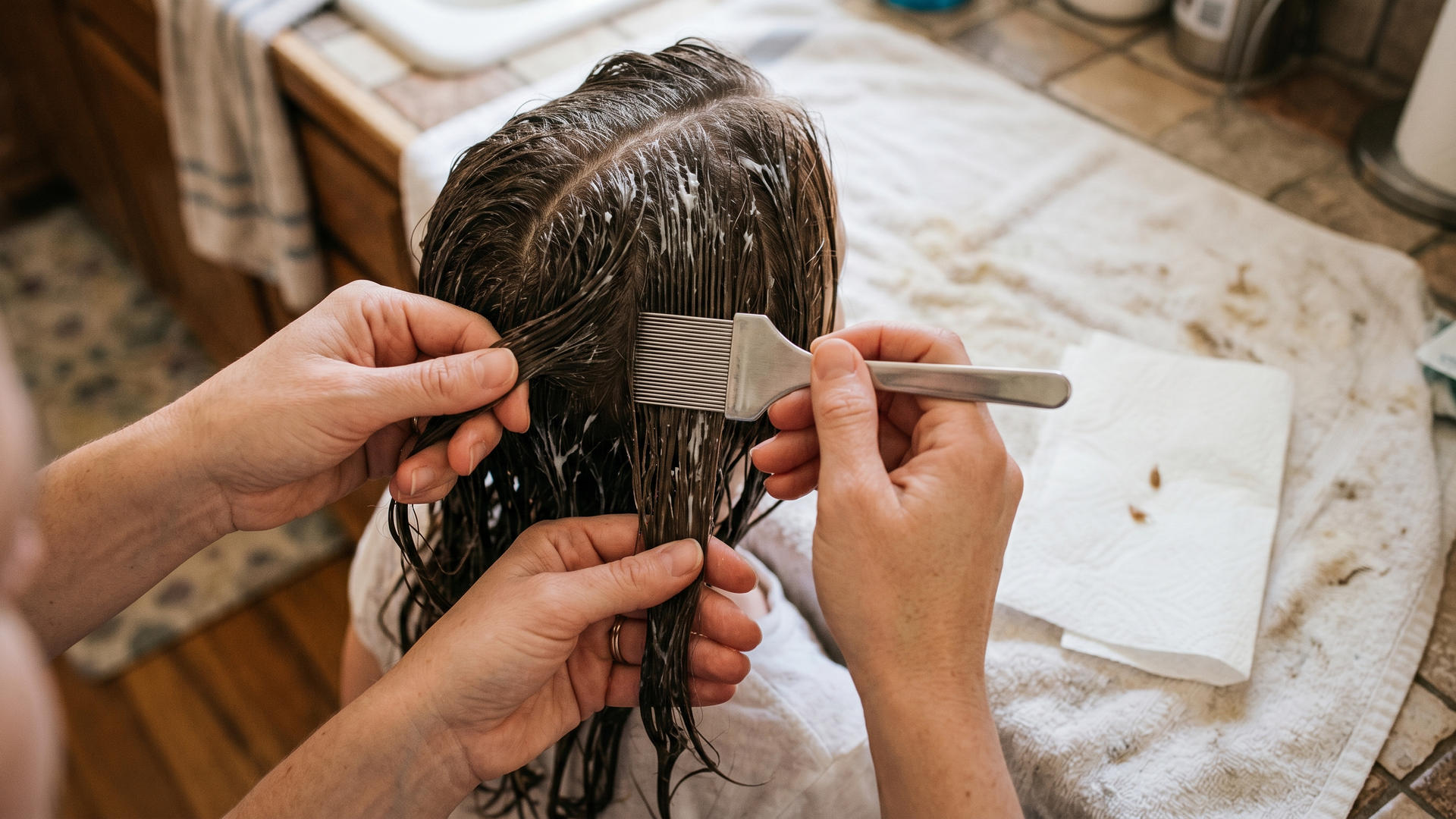 Stainless-steel nit comb pulling glued lice eggs out of a child's wet conditioner-coated hair onto a folded white paper towel