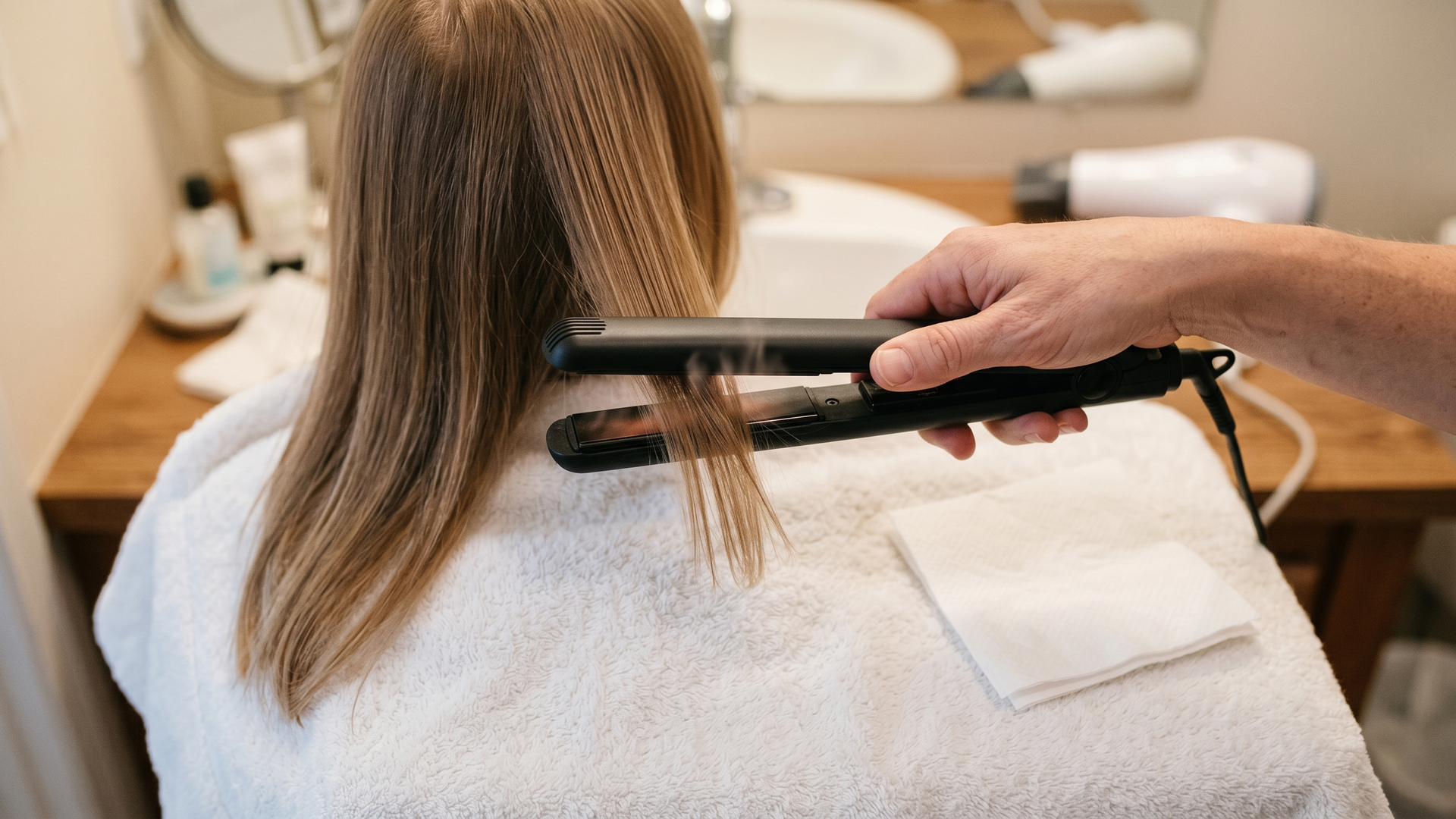 A flat iron with open hot ceramic plates running through a section of a child's hair on a white towel beside a clean folded paper towel and a hair dryer in the background