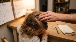 Overhead view of a parent's hand sectioning a child's hair under a kitchen lamp with a wall calendar in the background showing recurring monthly check marks