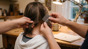 Overhead view of a parent's hands sectioning a child's damp hair under a kitchen reading lamp, with a stainless steel nit comb pulling a tan-colored speck onto a folded white paper towel