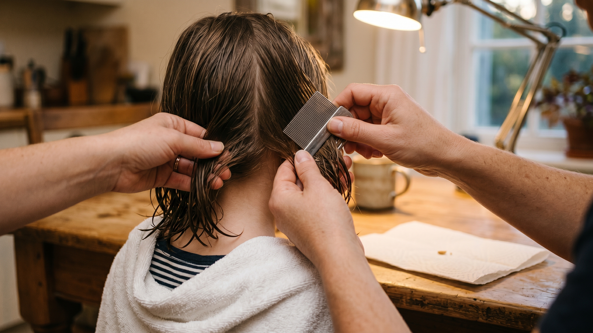 Overhead view of a parent's hands sectioning a child's damp hair under a kitchen reading lamp, with a stainless steel nit comb pulling a tan-colored speck onto a folded white paper towel
