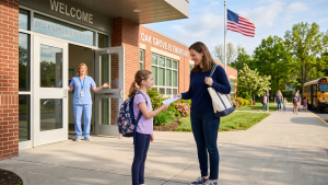 Parent and elementary-school-age child smiling outside the front doors of a suburban Pennsylvania school on a sunny morning, with a friendly school nurse visible through the open door welcoming them back