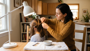 Calm parent at home parting their child's hair under a bright desk lamp with a metal fine-toothed nit comb on a clean white towel during a careful head lice check