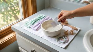 Overhead view of a clean bathroom counter with two pastel cloth headbands, plastic hair clips, four pastel hair ties, a wooden hairbrush, a stainless-steel nit comb, and a small ceramic basin of hot water on a folded white towel, with a parent's hand placing the nit comb into the basin