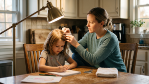 Parent gently sectioning a young child's hair under a bright kitchen-table lamp for a careful at-home head lice check after a school exposure notice.