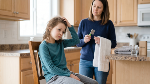 A school-age child sits on a wooden chair in a sunlit kitchen, scratching the top of their head with one hand while a calm parent stands behind them holding a fine-toothed metal nit comb and a folded white towel