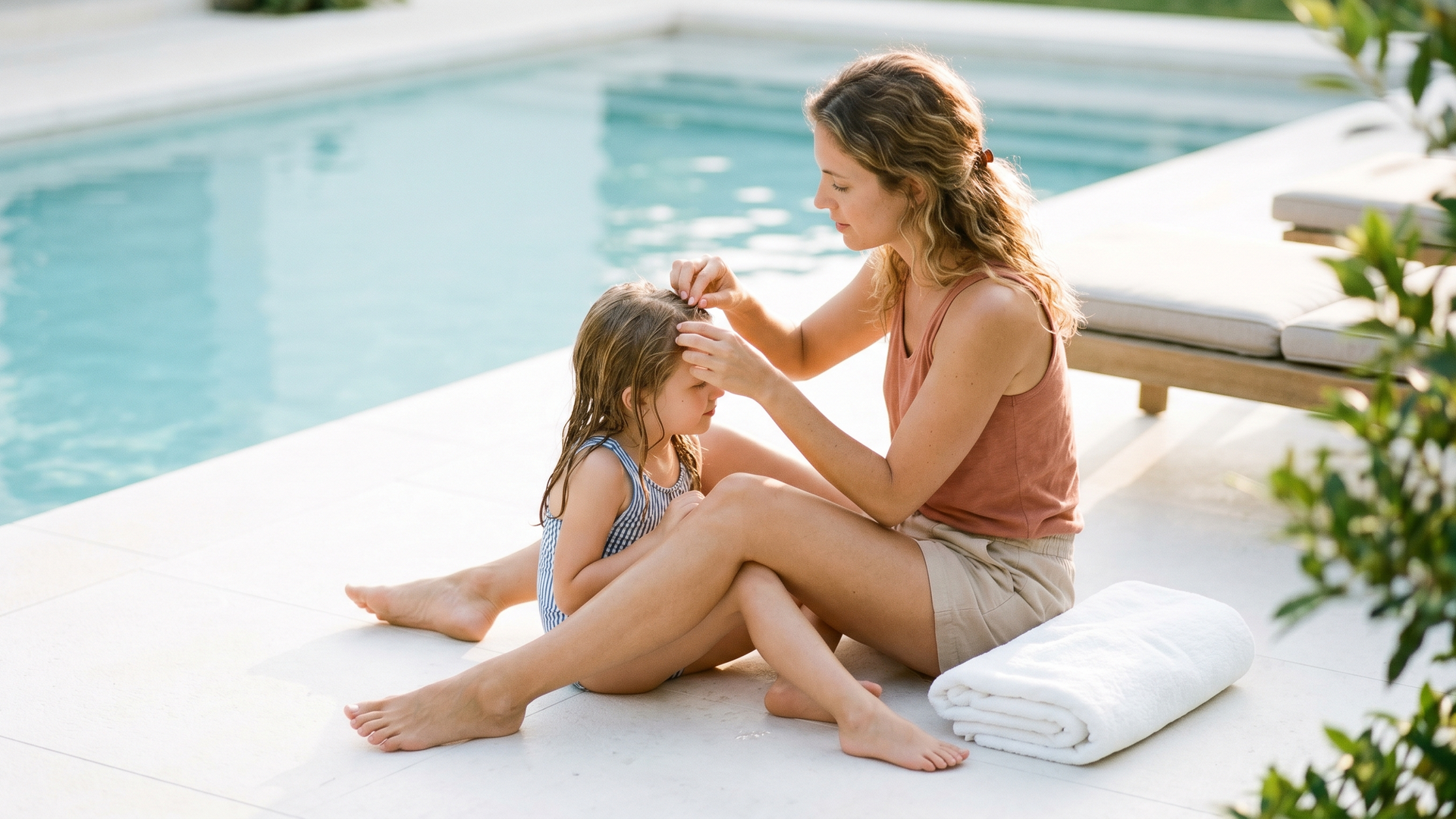 Mother checking a child's damp hair beside a swimming pool, illustrating lice questions around pools and waterparks.