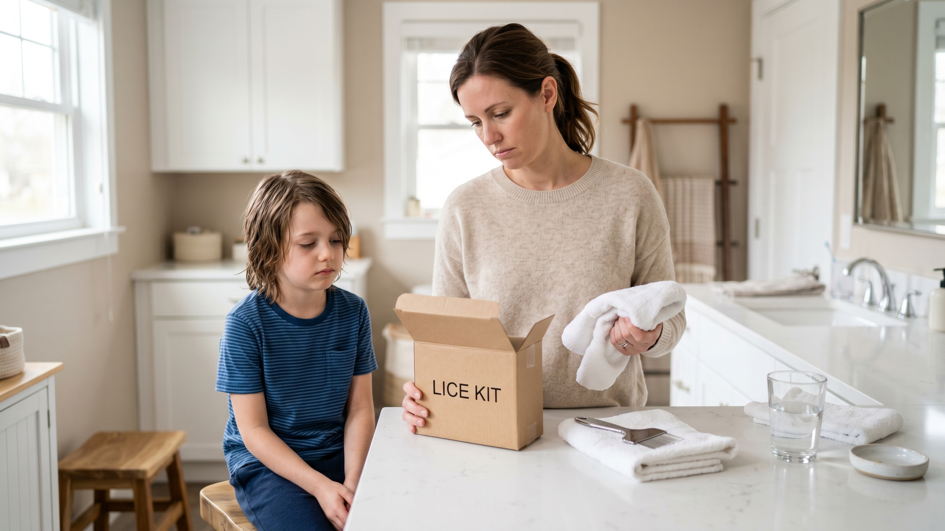 Parent holding a lice kit box and towel beside a child, illustrating over-the-counter lice treatment failure