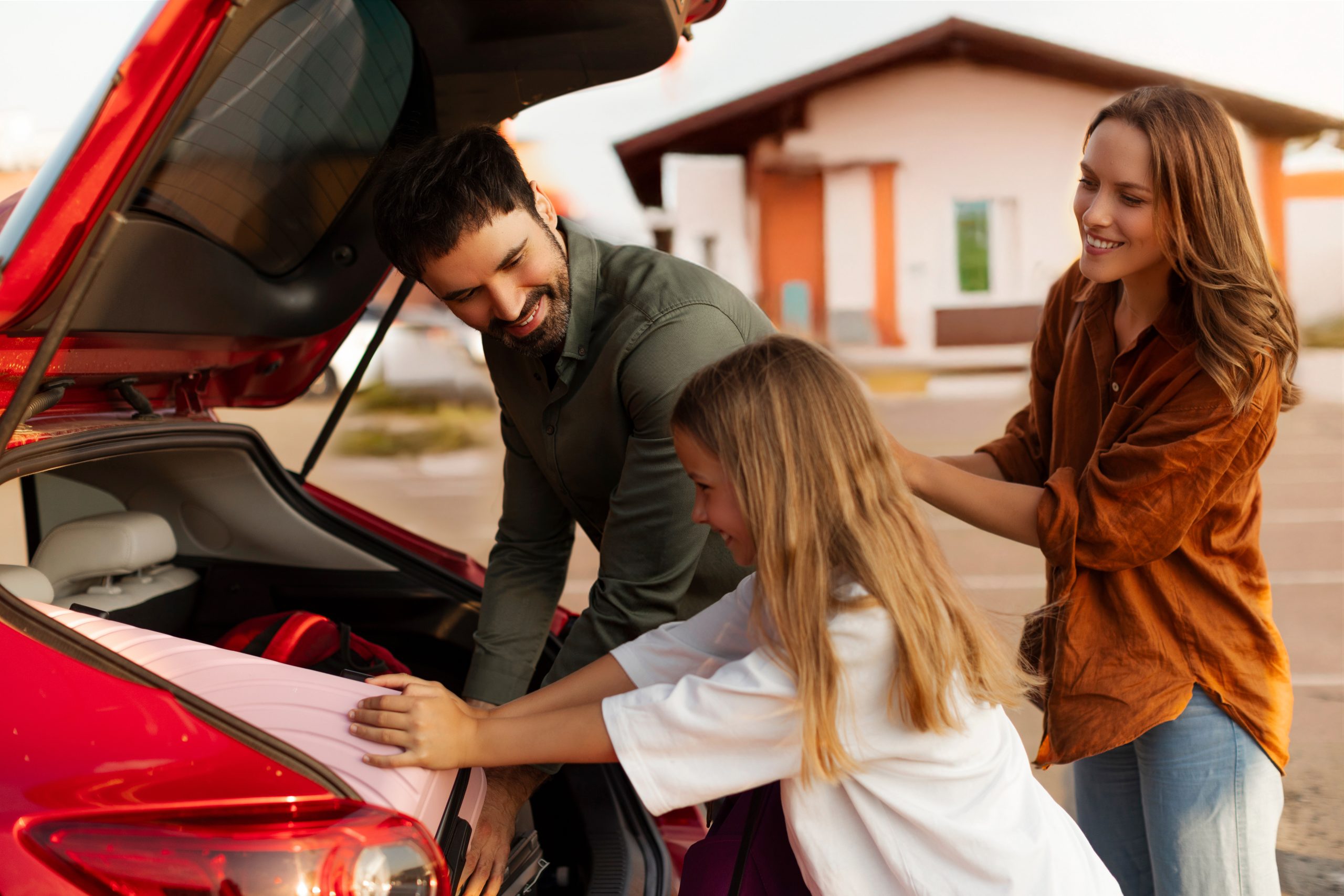 Family loading luggage into a car before spring break travel, illustrating lice prevention before and after trips.