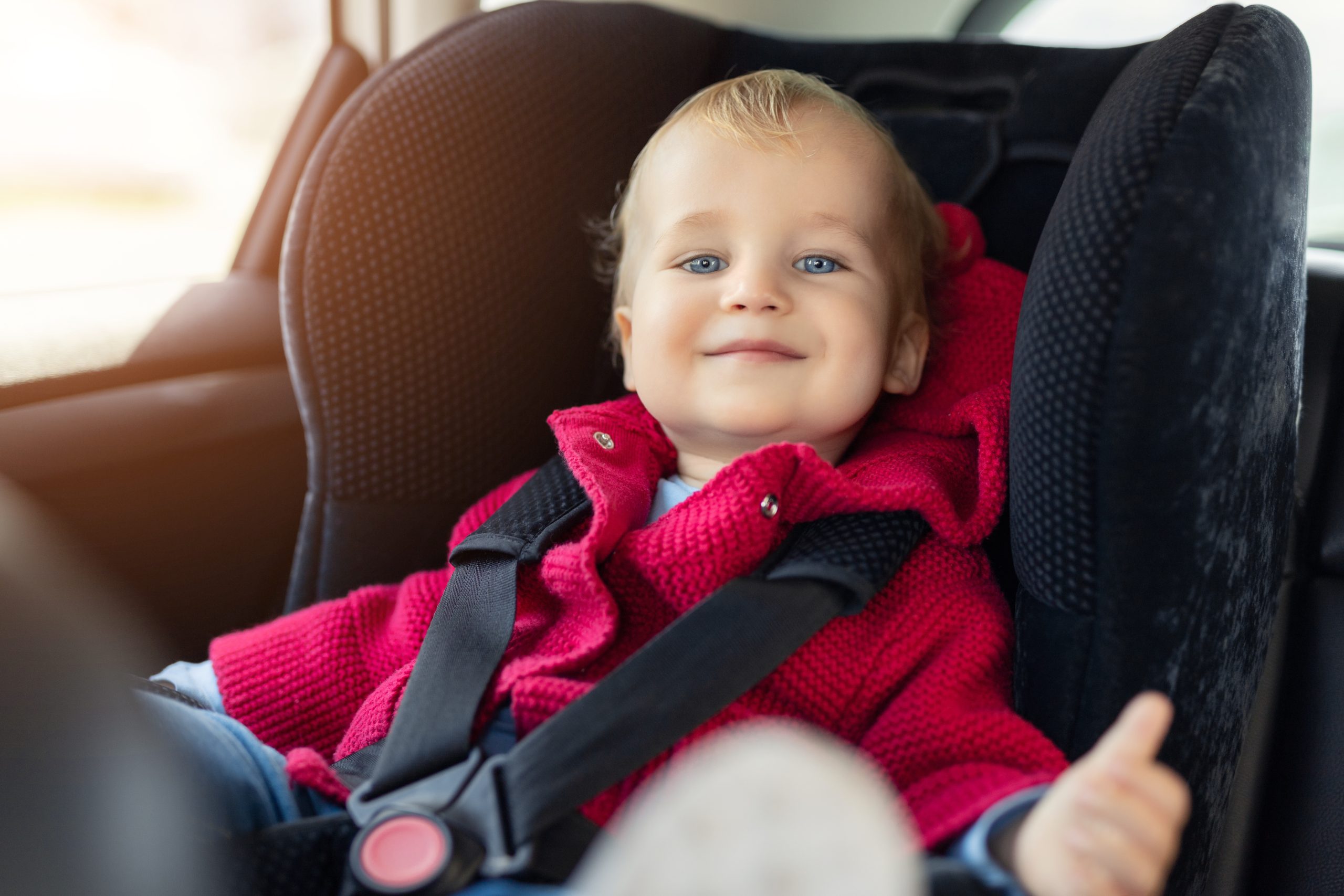 Person in a red sweater seated in a black car seat with the harness fastened