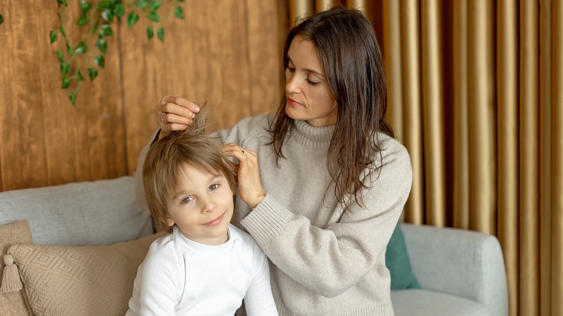 Person lifting and separating another person's short hair while seated on a sofa